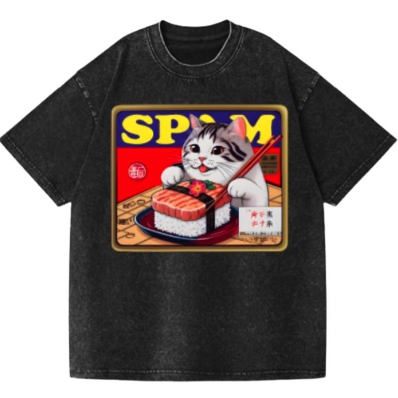 Sushi Cat Vintage Wash Japanese Design T-Shirt, Funny Anime Graphic Tee Shortsleeve Comfort Top