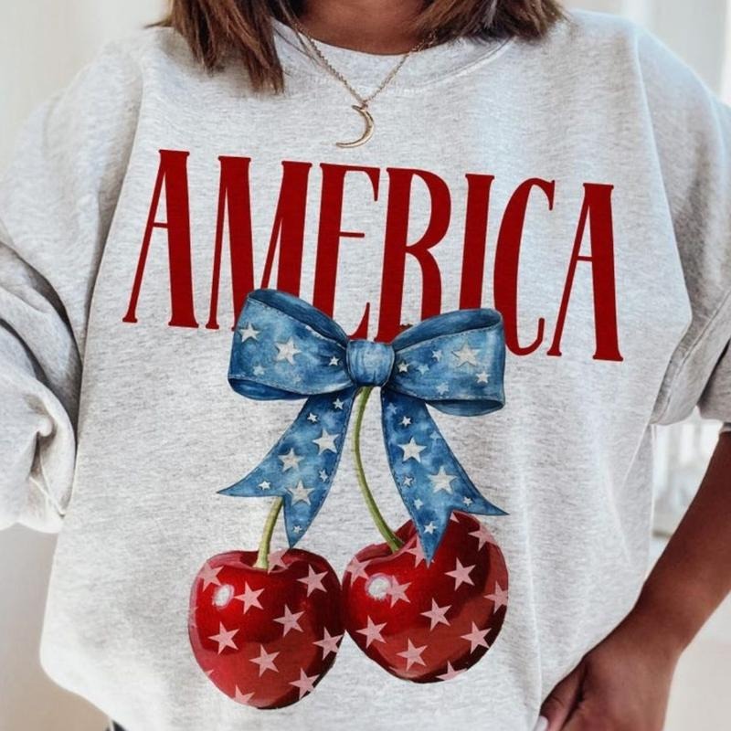 Retro America Cherries Graphic Unisex Crewneck Sweatshirt/T-Shirt, Cherry Bow 4th July, Unisex Style, 100% Cotton, Pullover Crewneck Sweatshirt