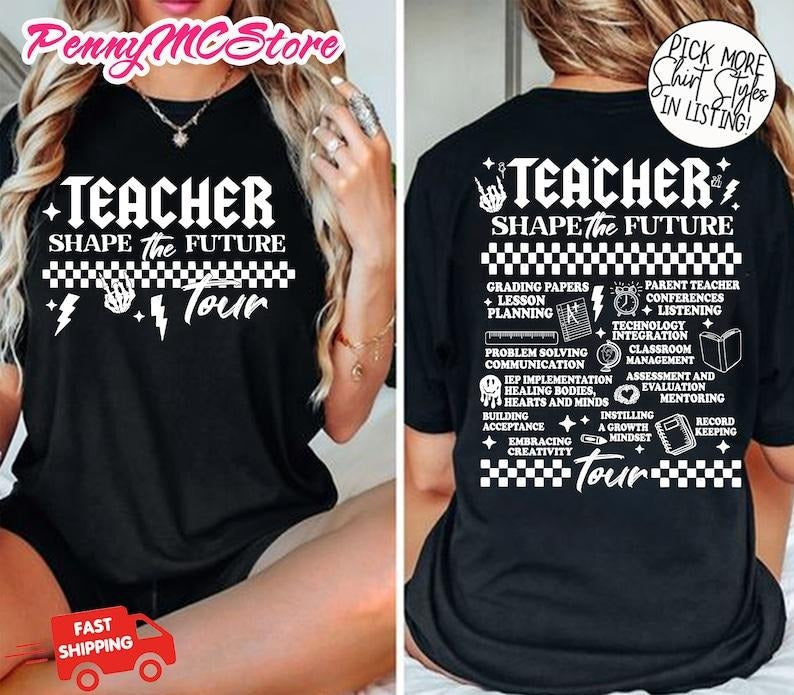 Teacher Shirt, Teacher Shape The Future Teacher World Tour Shirt, Rock N Roll Teach Tshirt, Last Day Of School Shirt,Lightning Teacher Shirt Cotton Sleeve