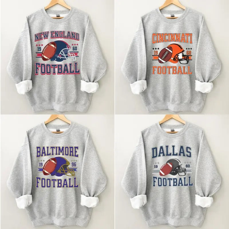 Teams Football Retro Sweatshirt Football Thowback Sweatshirt, Buffalo Football Sweatshirt, Kansas City football Sweatshirt, Dallas Football Classic Cotton