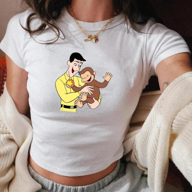 The Man In the Yellow Hat Holding George Baby Tee, Vintage Y2K Cartoons, 90s Style Baby Tee, 100% Cotton Graphic Tee