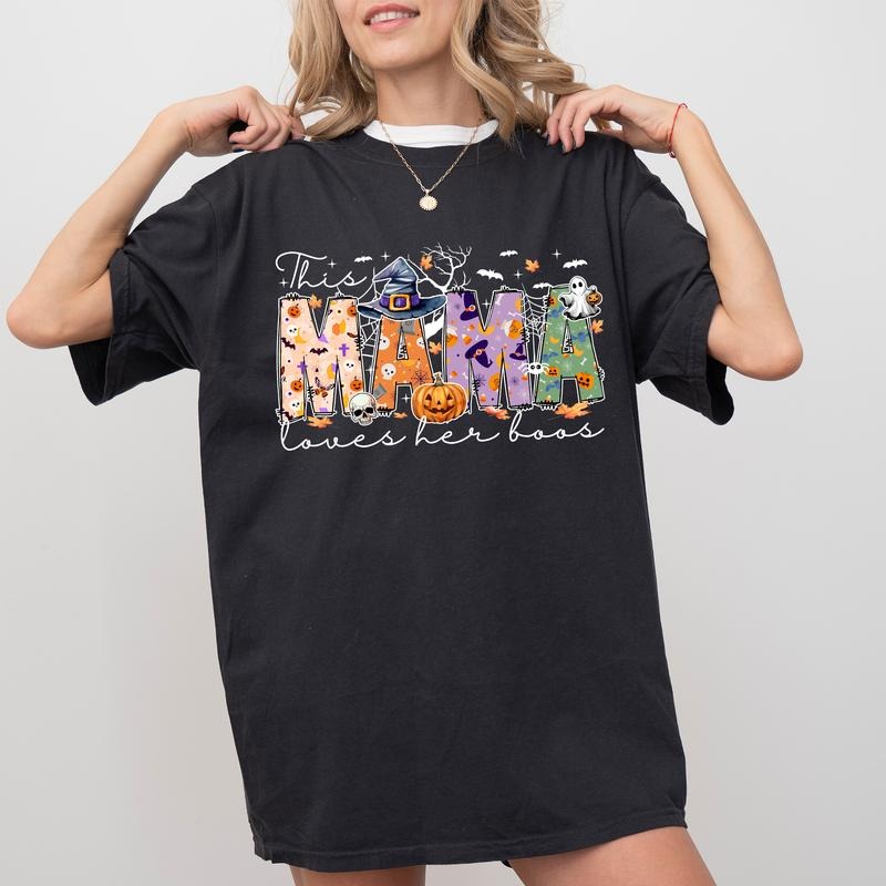 This Mama Loves Her Boos Shirt, Coquette Halloween Graphic Printed Tee, Spooky Mama Halloween Sweater, Cute Gifts for Mama, Halloween Mama With Kids Tee, Comfy Fabric Graphic Tee, Women's Top, Cotton Fabric Relaxed Fit Chic Style