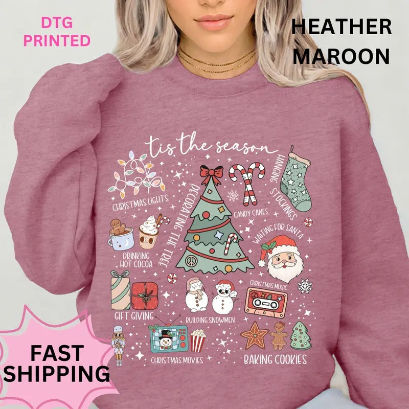 Tis the Season Christmas Sweatshirt Winter Graphic Long Sleeve Casual Cotton Polyester Oversized sweatshirt - Comfort Crewneck Womenswear