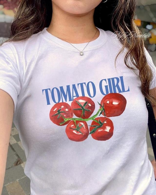 Tomato Girl Baby Tee, Fruit Shirt, Vintage Graphic Top, Cottagecore Style Shirt, Retro Graphic, 90s Top, Babytee Y2K