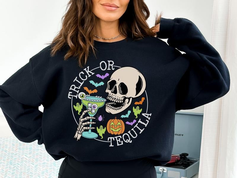 Trick or Tequila Skeleton Halloween Sweatshirt, Unisex Gildan Halloween Sweatshirt with Skull, Funny Drinking Sweatshirt for Halloween, Spooky Season Sweatshirt for Men and Women