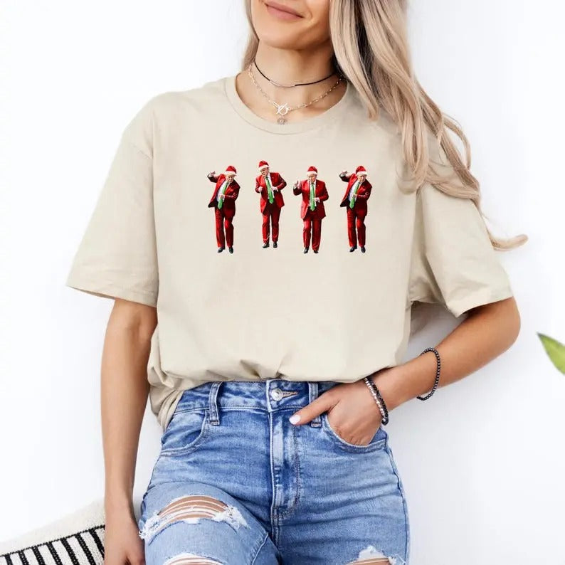 Trump Dance Christmas T-Shirt, Funny Trump T-Shirt, Christmas Santa Trump T-Shirt, Gift, 100% Cotton, Crew Neck, Slight Stretch, Breathable & Wear-Resistant, All-Season Short Sleeve Tee, Perfect for Outdoor & Daily Fashion