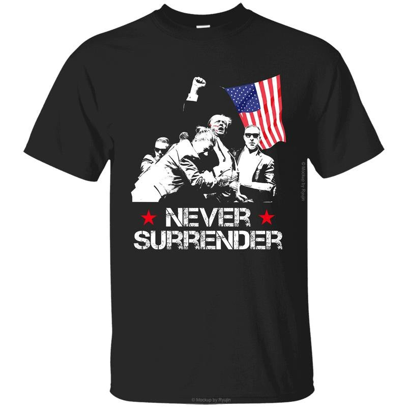 Trump Never Surrender T-shirt, Trump Assassination Attempt Shirt, Praying for President Trump Shirt, Bloodied Trump Fist Pumps, Trump Shirts 2024, Front Sided Graphic Printed Unisex Classic Comfort Cotton T-Shirts in all Sizes all Colors for Men for Women