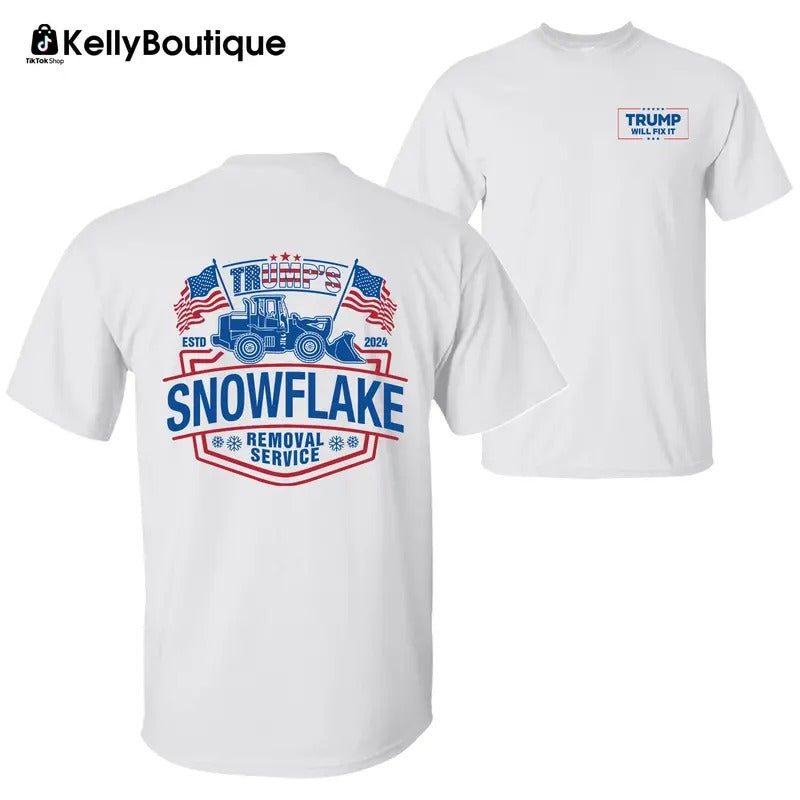Trump Snowflake Removal Service T-shirt, 47th President Trump Will Fix It 2024 Inauguration 2 Sided Graphic Printed Unisex Classic Cotton T-Shirt
