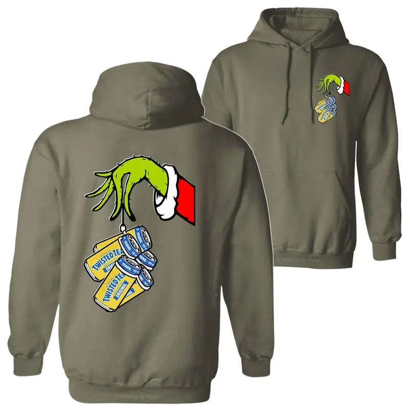Twisted Tea The Grin Hand Holding Twisted Tea Cans Green Guy Christmas Season 2 Sided Graphic Printed Unisex Classic Cotton Crewneck Hoodie Sweatshirt