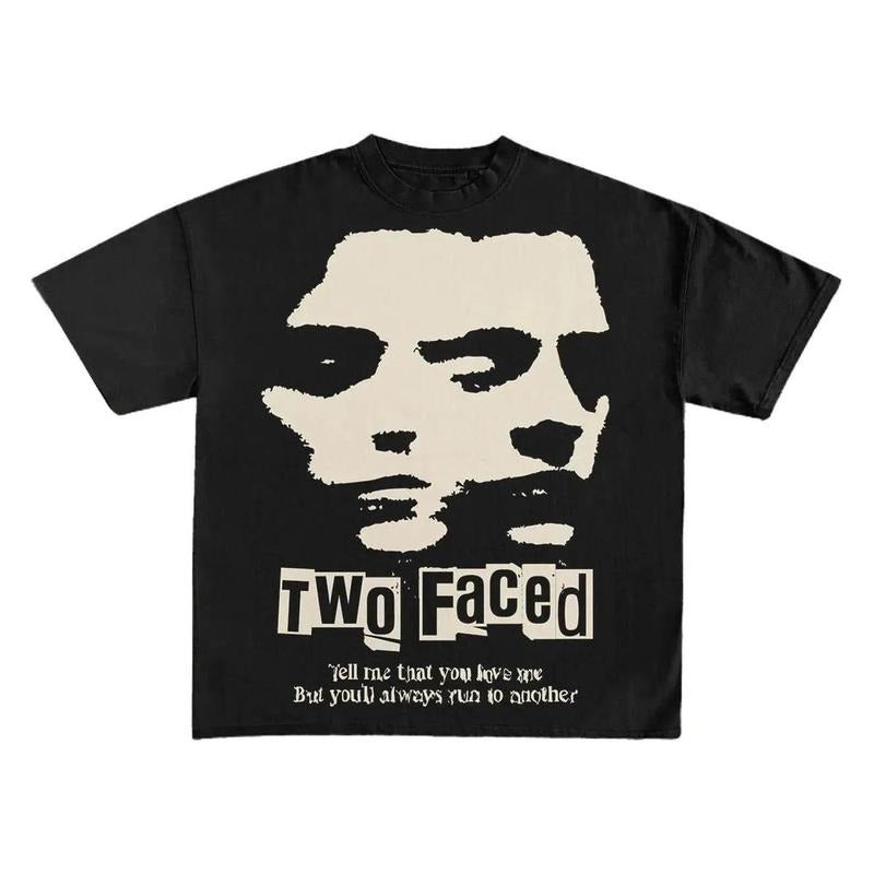 Two Faced Print Short Sleeve Graphic Unisex TShirt Womenswear Top
