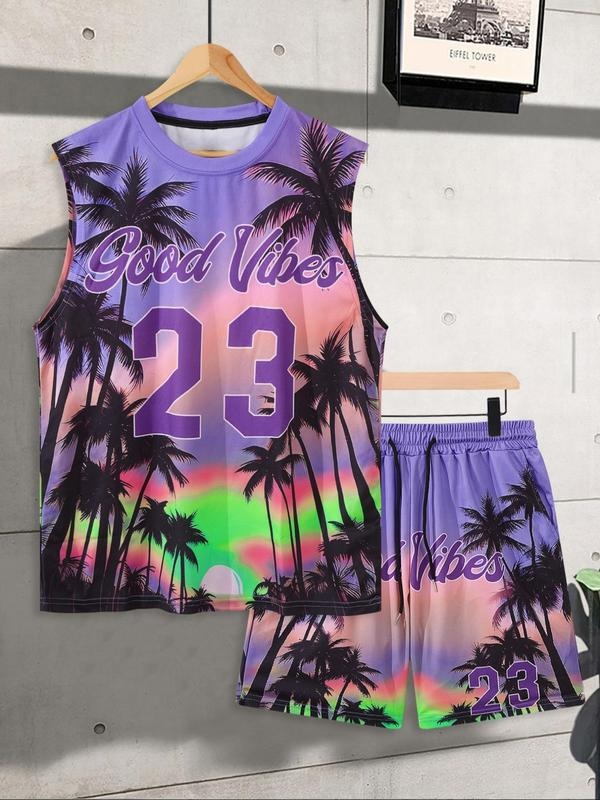 Two-Piece Set Men's Letter Graphic Sleeveless Tank Top & Shorts Set, Regular Fit Casual Street Round Neck Top & Shorts, Summer Clothes Set for Men