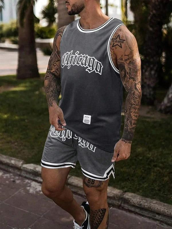 Two-Piece Set Men's Regular Fit Letter Print Short Sleeve Graphic Tee & Shorts, Casual Round Neck T-shirt & Shorts, Summer Clothes Set for Men