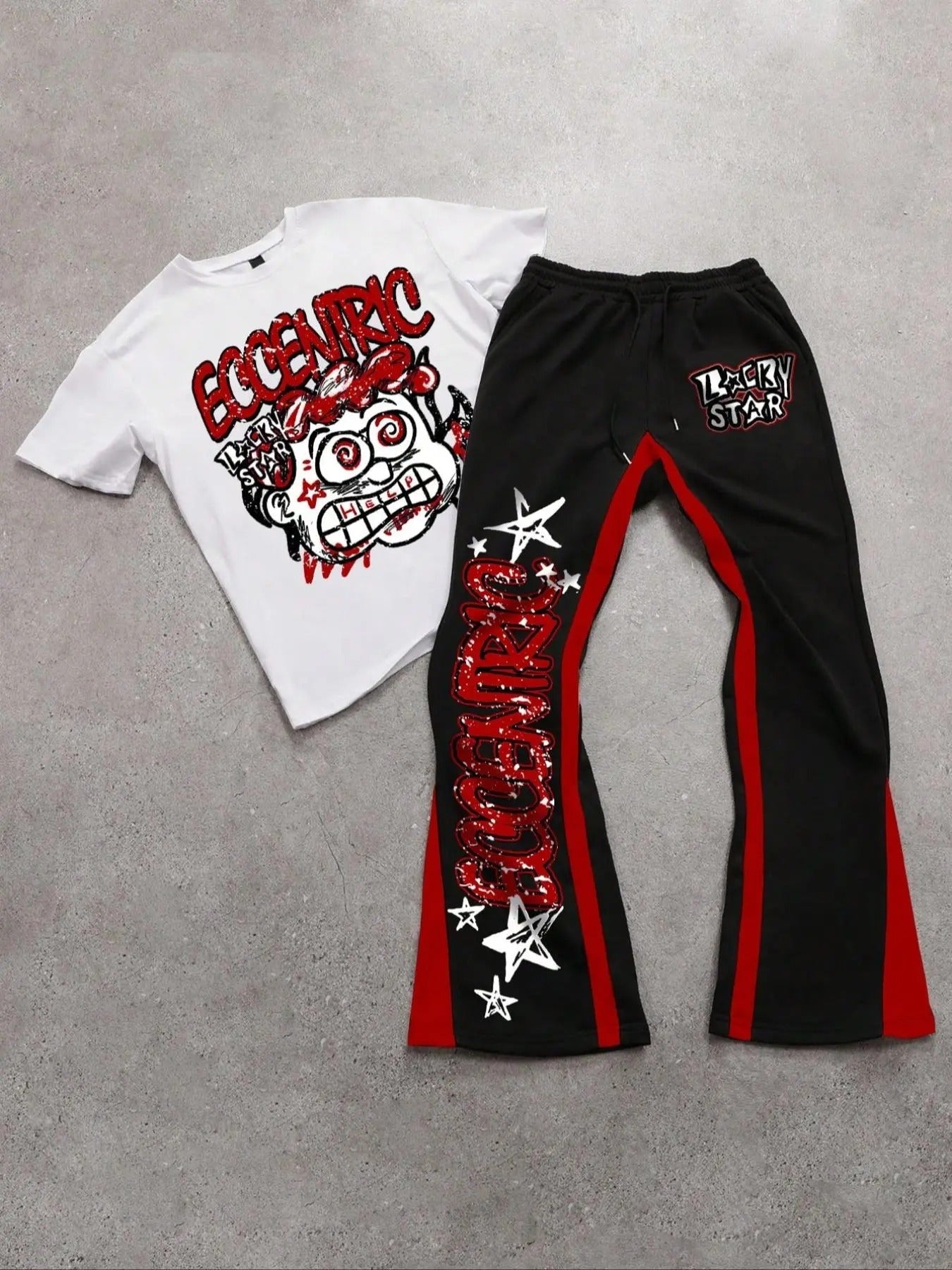 Two-piece Set Men's Figure Graphic Tee & Colorblock Drawstring Waist Flare Leg Sweatpants, Regular Fit Round Neck Short Sleeve T-shirt & Bell Bottom Trousers, Sets for Men Clothing, Summer Outfits, Casual Outfit Set, Shortsleeve Menswear