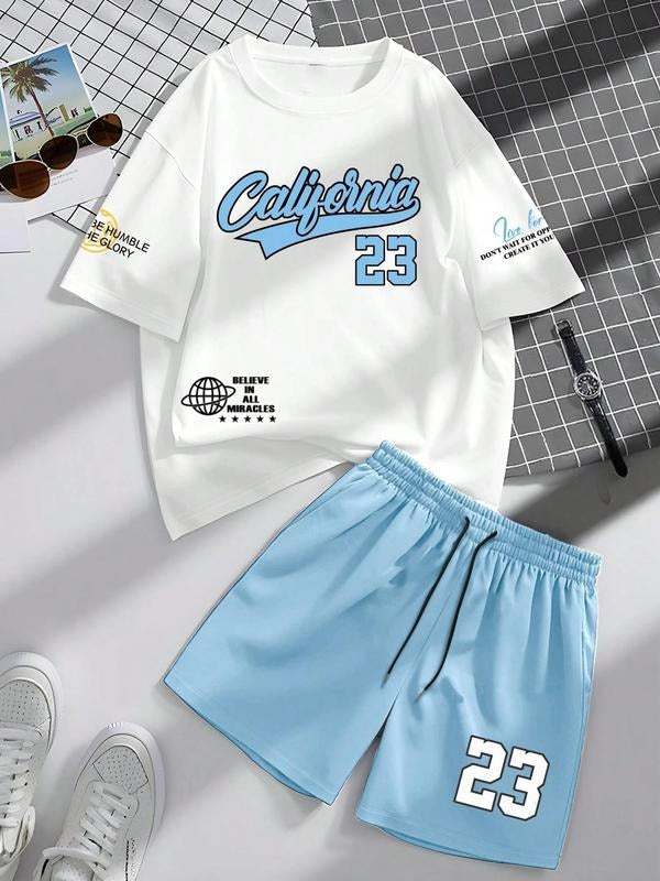 Two-piece Set Men's Letter Graphic Crewneck Shortsleeve Tee & Shorts, Regular Fit Casual Round Neck T-shirt & Track Shorts, Men's Summer Clothes, Menswear, Comfy Summer Outfit Set
