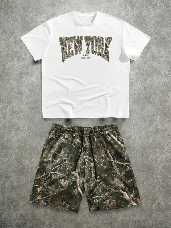 Two-piece Set Men's Regular Fit Camo Print Graphic Tee & Shorts, Casual Short Sleeve T-shirt & Shorts, Men's Summer Clothes, Menswear