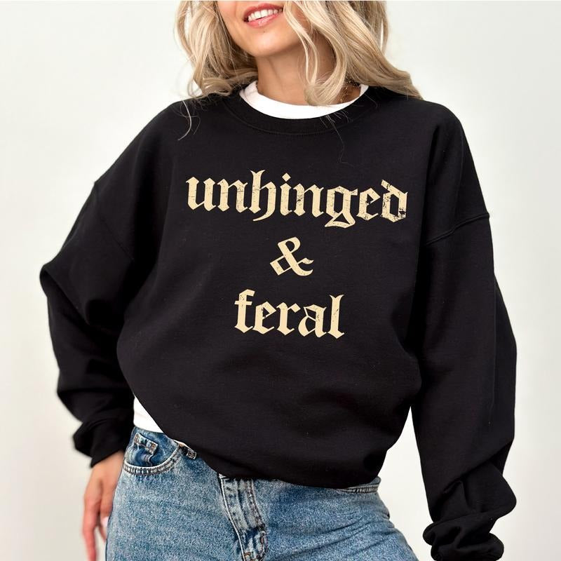 Unhinged and Feral Sweatshirt, Retro Unhinged & Feral Women Crewneck, Sarcastic Women Long Sleeves Pullover, Feral Mom Sweater, Funny Shirt For Women