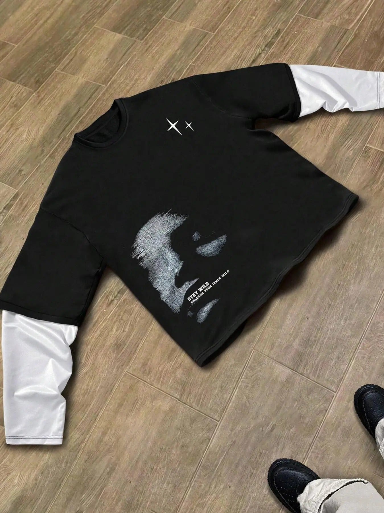 Unisex Colorblock Street Style Graphic Print 2 in 1 Double Layer Long Sleeve Tee, Regular Fit Casual Comfy Street Fashion Round Neck T-shirt for Spring & Fall, Fashion Top for Daily Wear