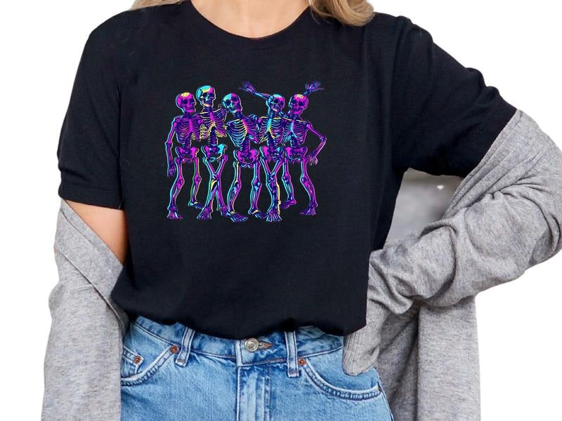 Unisex Sizing Skull Shirt with Bright & Neon Colors, Halloween Shirt, 90's, Skeleton, 80's, Short Sleeve Streetwear T Shirt, Crewneck Casual TShirt, Womenswear, Retro Inspired, Vintage Aesthetic, Trendy Tops, Skull Graphic Tees for Women