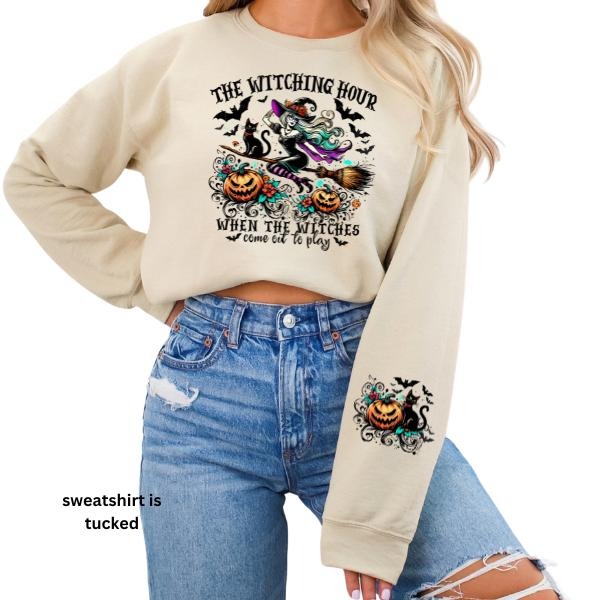 Unisex Witching Hour Sweatshirt - Long Sleeve Crewneck | Full Front & Sleeve Graphic | Dark & Edgy Vibes | Witch on Broomstick, Pumpkins, Skulls | Spooky, Colorful, Creepy Playful Design | Sizes S-5XL | Halloween-Themed Sweater for Witches at Play