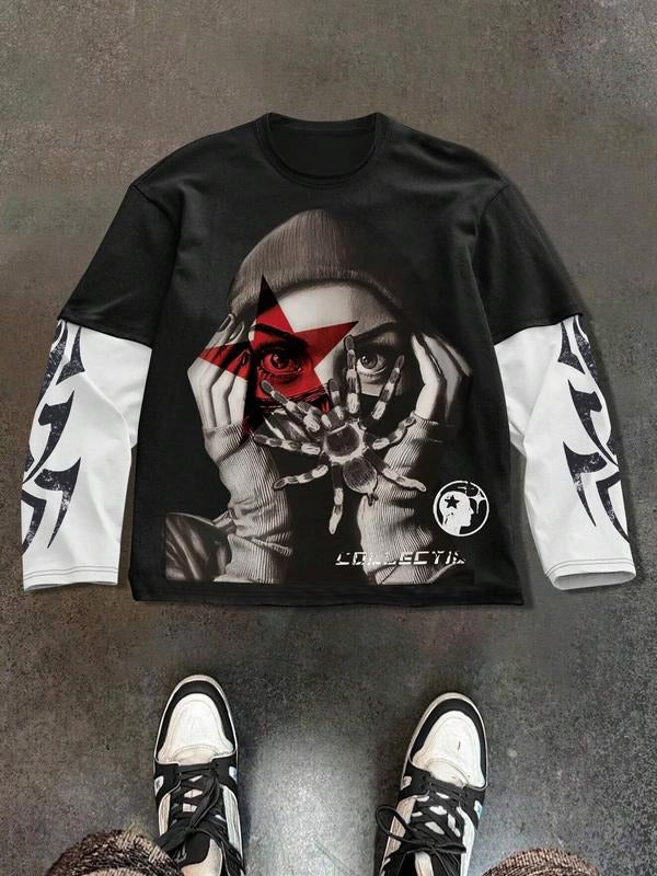 Unisex's  Graphic Print 2 in 1 Long Sleeve Tee, Regular Fit Street Fashion Casual Comfy Round Neck Pullover for Daily Wear, Trendy Top for Spring & Fall