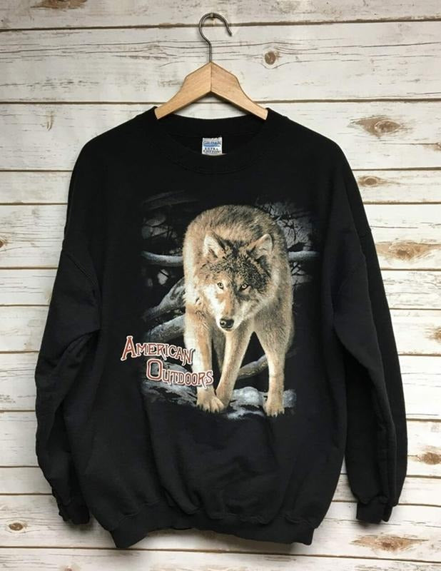 Vintage 90's Wolf crewneck sweatshirt Wolves sweatshirt American Outdoors black animal print crew neck sweatshirt southwest hippie Menswear Athletic