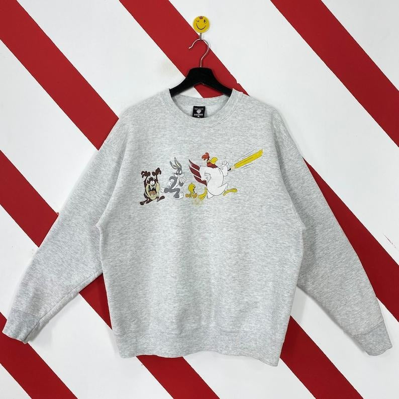 Vintage 90s Warner Bros Sweatshirt Tasmanian Devil Crewneck Bugs Bunny Sweater Cartoon Foghorn Leghorn Yosemite Sam Print Logo Menswear Athletic