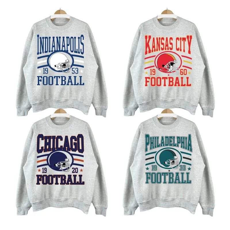 Vintage All Team Football Sweatshirt with Big Words Logo and Graphic Tees for Football Fans Sport Grey Color Shirt Unisex Sweatshirt
