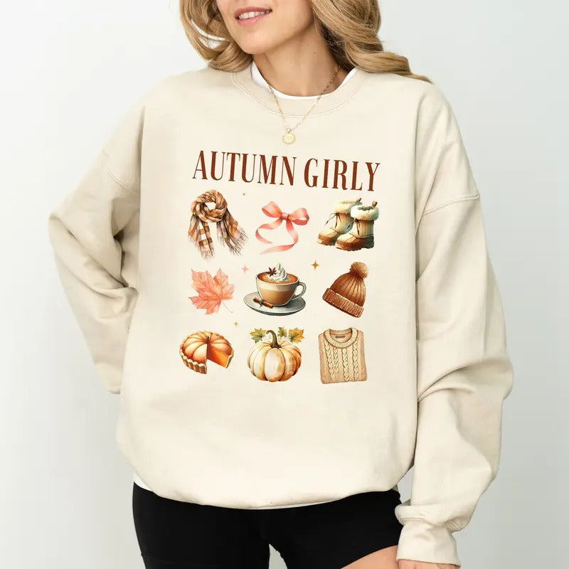 Vintage Autumn Girly Sweatshirt, Fall Vibes Sweater, Autumn Apparels for Girls, Retro Fall Crewneck, Aesthetic Autumn Girly Sweater, Fall Season Sweatshirt, Comfy Long Sleeve Pullover, Cute Women's Tops, Casual Womenswear, Comfort Fabric Cotton Top