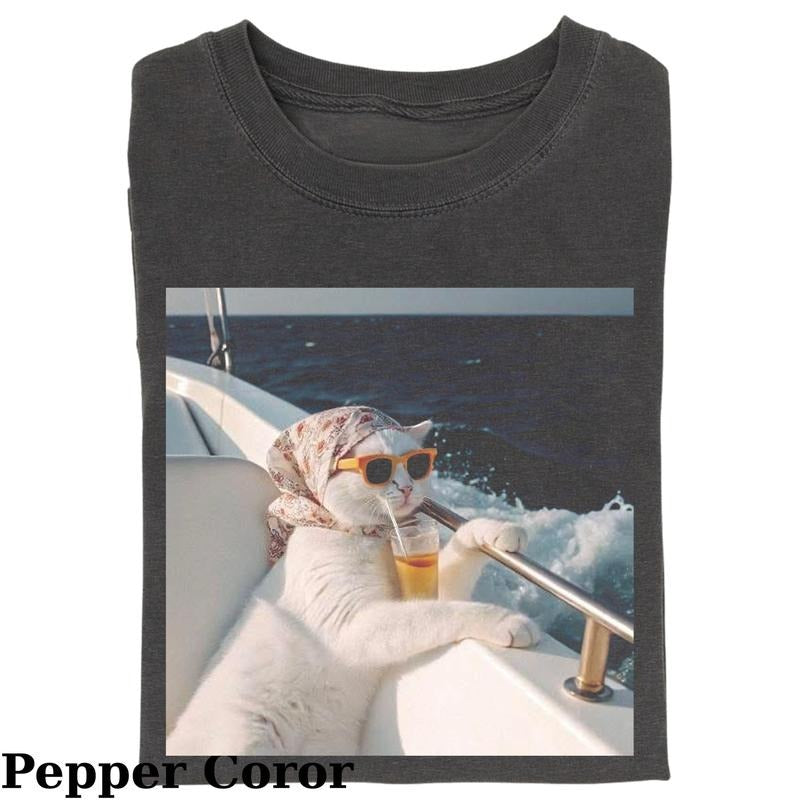 Vintage Cat Drinking Water On Cruise T-Shirt, Fantasy Kitten Tshirt, Cute Cat Shirt, Cool Cat Tshirt, Love Cat Tshirt, Meme Cringe Funny Dumb Shirts, Summer 2025 T-shirt, Unisex Shirt Menswear Womenswear Streetwear