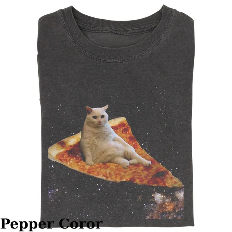 Vintage Cat On Pizza In The Sky Of Stars T-Shirt, Fantasy Kitten Tshirt, Cute Cat Shirt, Cool Cat Tshirt, Love Cat Tshirt, Meme Cringe Funny Dumb Shirts, Unisex Shirt Menswear Womenswear Streetwear