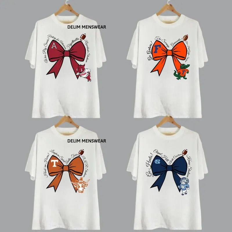 Vintage College Football Bows Inspired White Crewneck Shirt, Vintage All Team Football Coquette Shirt, Vintage NCAA Crewnecks, Gift For Fans