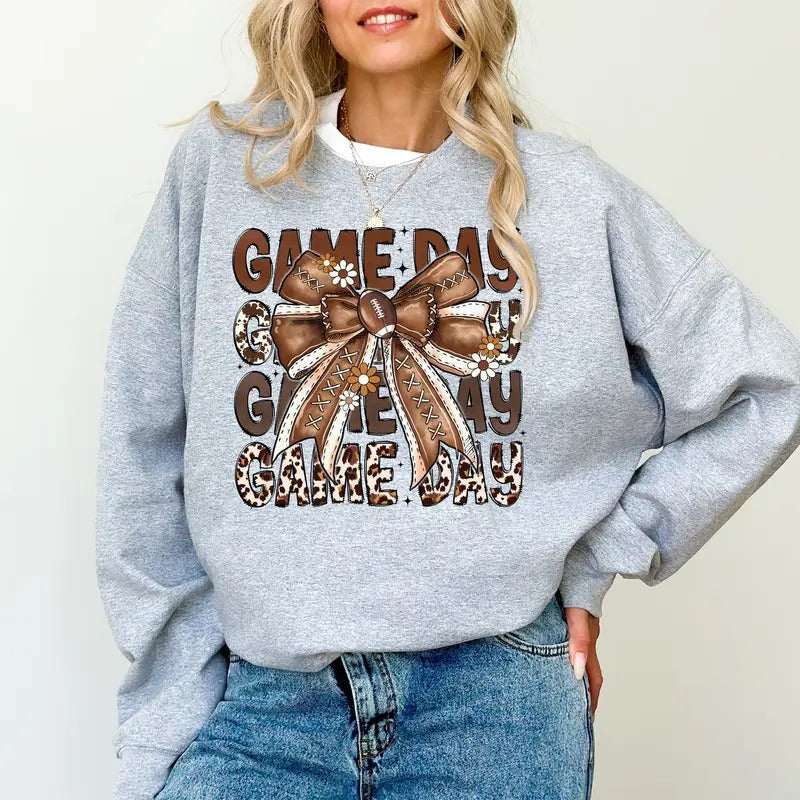 Vintage Coquette Bow Game Day Football Sweatshirt, Fall Coquette Sweatshirt For Girls, Game Day Sweatshirt for Women, Cute Football Bow Sweater, Football Mama Crewneck, Comfy Long Sleeve Pullover, Women's Tops, Casual Womenswear, Comfort Fabric Cotton Top