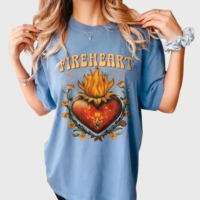 Vintage Fire Heart Shirt, Retro Heart TShirt for  Women, Aesthetic Tee for Her, Gift for Mom, Groovy Shirt Gift for Girl, Wildflowers T-Shirts, Women Sweatshirt, Heart Graphic Tee