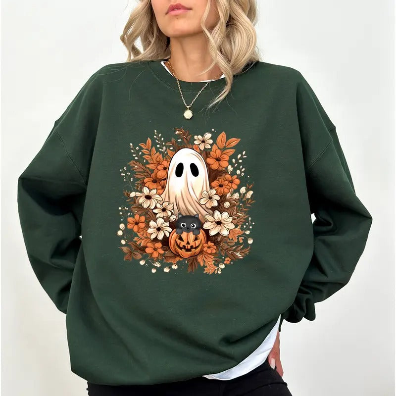 Vintage Halloween Ghost with Black Cat Sweatshirt, Cute Pumpkin Ghost Sweater, Boho Floral Ghost Crewneck, Halloween Boo Sweatshirt, Pumpkin Cat Sweater, Spooky Season Tops, Comfy Soft Fabric Long Sleeve Pullover, Casual Womenswear, Oversized Women's Top