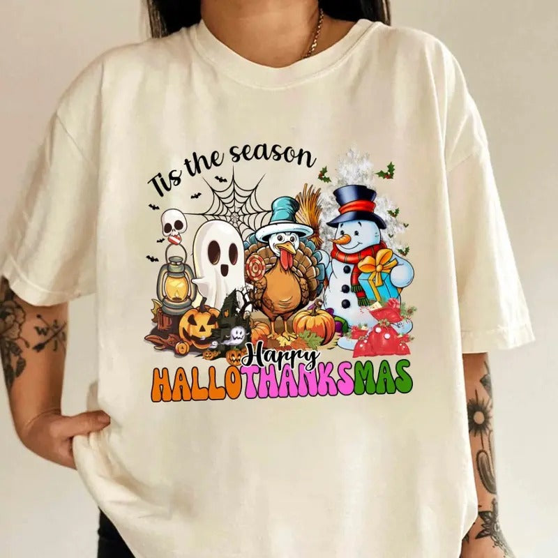 Vintage Happy Hallothanksmas Shirt, Happy Halloween Thanksgiving Christmas Shirt, Holiday Season, Funny Halloween Gift, Fall Shirt