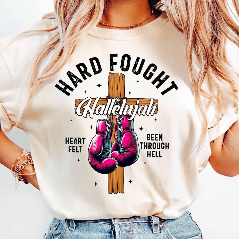 Vintage Hard Fought Hallelujah Shirt, Christian Tshirt, Boxing Gloves Hard Fought Sweat, Religious Shirt, Church Tee, Jesus T-Shirt Top Womenswear