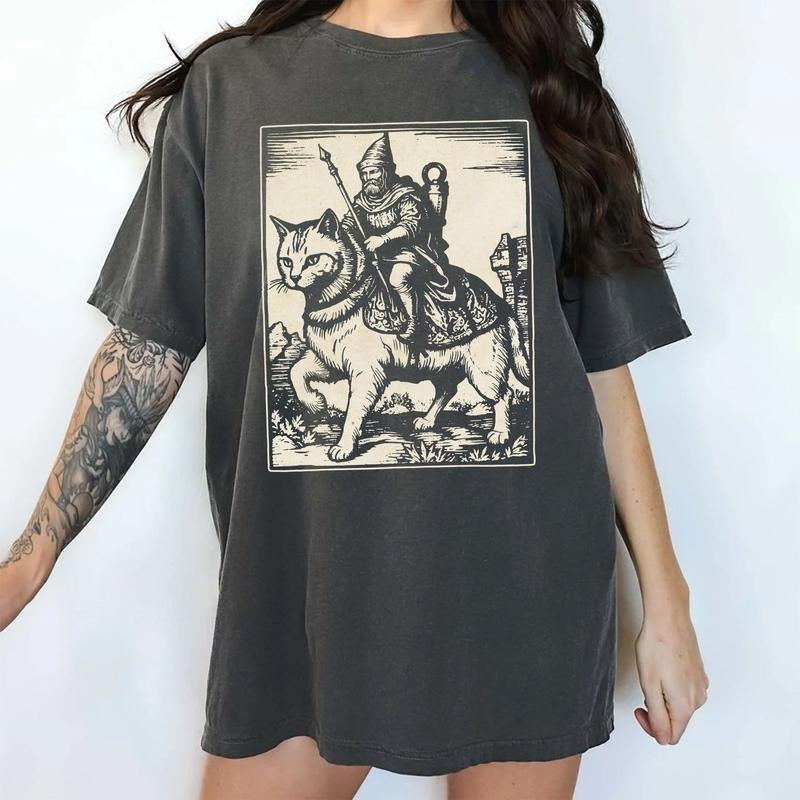 Vintage Knight Riding Cat Shirt Comfort Colors, Funny Meme Knight Kitten Tshirt, Retro Dark Art Tops, Cat Lover Gifts, Cat Mom Tee, Cotton Womenswear