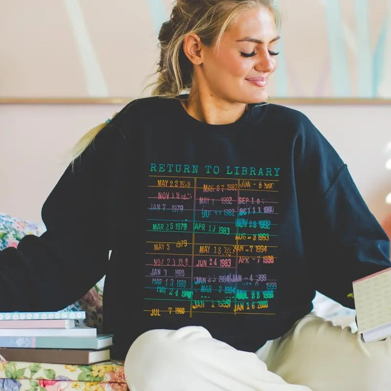 Vintage Library Rainbow Sweatshirt Return To Library Card Book Due Date Shirt Reader Gift For Her Him Librarian English Teacher Crewneck