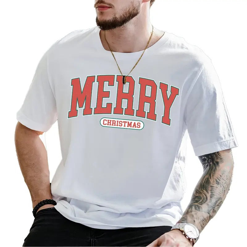 Vintage Merry Christmas Varsity Men Graphic Tee, Retro Merry Christmas Shirt, Holiday Vibes Unhinged Tee, Vintage Christmas T-shirt For Men, Men's Top