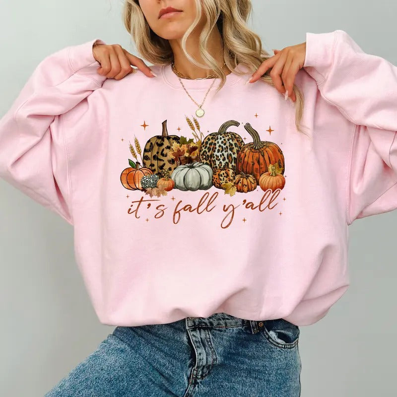 Vintage Pumpkin It's Fall Y'all Sweatshirt, Fall Pumpkin Crewneck, Leopard Pumpkins Graphic Sweater, Spooky Season Tops For Girls, Halloween Party Outfits, Oversized Long Sleeve Pullover, Cute Women's Tops, Casual Womenswear, Unhinged Fabric Cotton Top