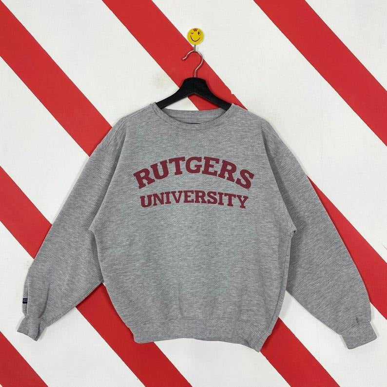 Vintage Rutgers University Sweatshirt Rutgers Crewneck Rutgers Soccer Sweater Pullover Rutgers Scarlet Knights Print Grey Menswear Athletic Collar Fitted Seamless