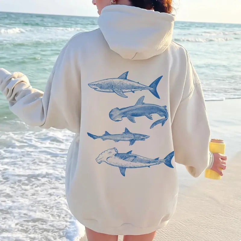 Vintage Shark Hoodie, Hammerhead Sweatshirt, Great White Hooded Sweater, Graphic Womenswear Shirt, Sea Creatures Clothing Nature Top, Shark Lover Gifts