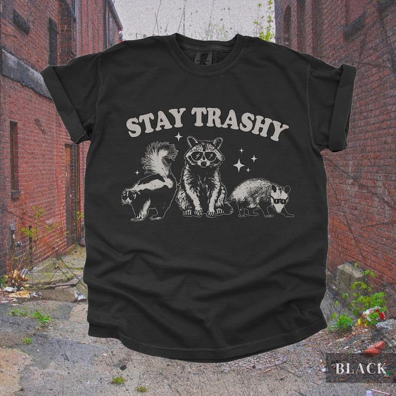 Vintage Stay Trashy Skunk Opossum Racoon T Shirt , Retro Funny 90s Y2K Tee, Cute Oversized Boho T-Shirt, Trendy Trashcore Rocker Clothing
