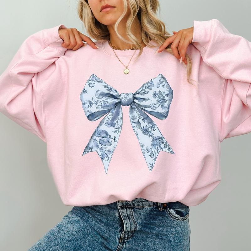 Vintage Toile De Jouy Coquette Bow Sweatshirt, Pink Ribbon Crewneck, Girly Aesthetic Coquette Sweater, Blue Bow Crewneck, Pink Coquette Crewneck, Comfy Long Sleeve Pullover, Cute Women's Tops, Fall Autumn Casual Womenswear, Soft Cotton Fabric Relaxed Top
