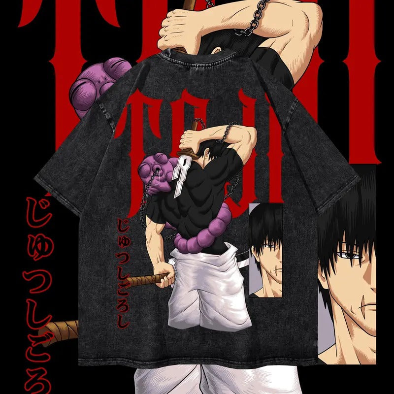 Vintage Toji JJK Washed Oversized Tee, Jujutsu Kaisen Anime Manga Washed Heavy Cotton Special Graphic T-shirt Gift For Anime Fan