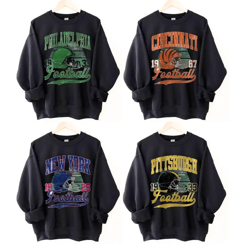 Vintage Varsity College Sweatshirt, Vintage All Team Football Sweatshirt with Big Words Logo and Graphic Tees for Football Fans Black Color Vintage Sweatshirt Football Sweatshirt