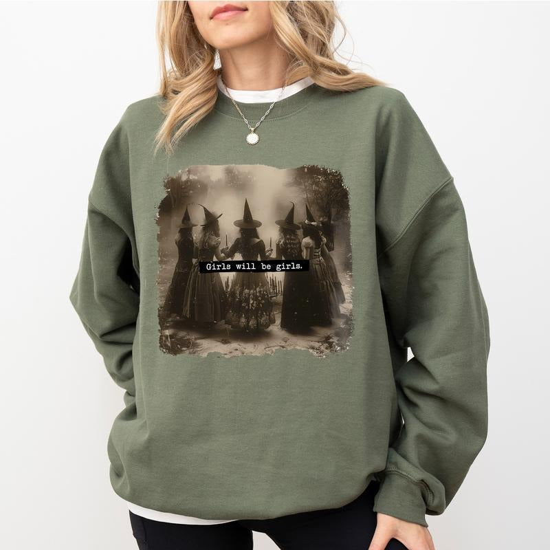 Vintage Witches Girls Will Be Girls Sweatshirt, Gothic Halloween Witchy Sweater, Women's Rights Crewneck, Comfy Long Sleeve Pullover, Soft Fabric Unhinged Tees, Comfort Casual Womenswear, Oversized Women's Top