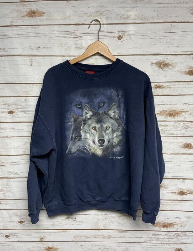 Vintage Wolf crewneck sweatshirt Wolves crew neck sweatshirt lone wolf animal print outdoor nature scene sweatshirt Menswear Athletic