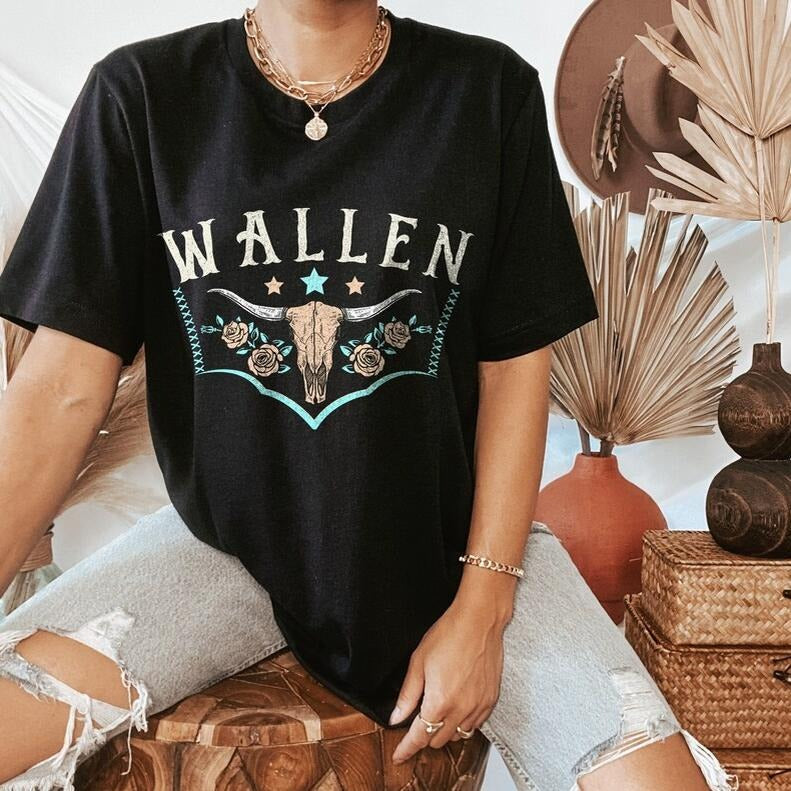 Wallen Shirt Country Concert T-Shirt, Vintage Wallen Bull Graphic Tee, Oversized Western Style, Perfect Gift for Her A0ZLA