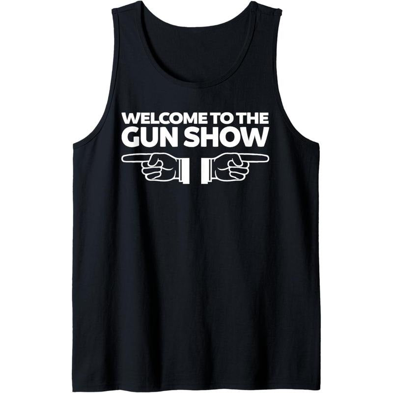 Welcome to the Gun Show Funny Bodybuilder Gym Tank Top - Black, Sleeveless, Men's Medium Made in USA